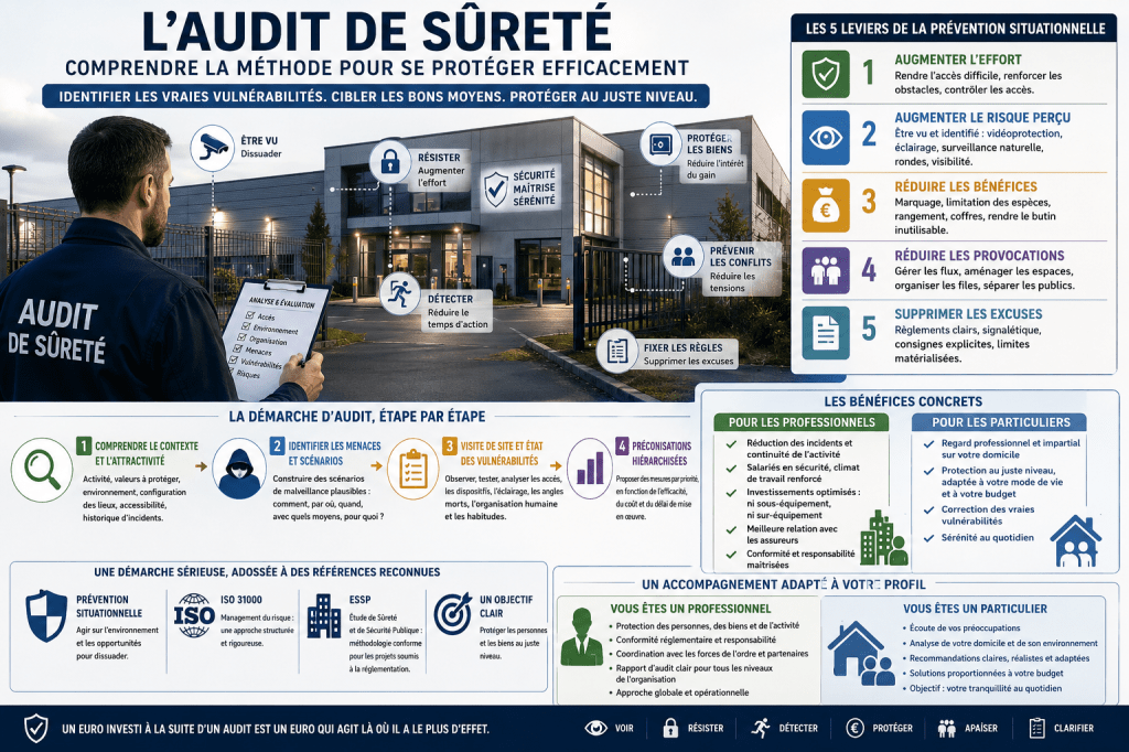 Infographie sur la méthode de l'audit de sûreté créée par dereck carrillo de DCRM. 